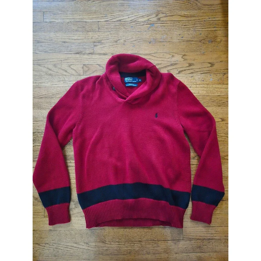 Polo Ralph Lauren Men's Shawl Collar Sweater Red Navy Striped Cotton Size Medium